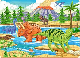 A colorful illustration of dinosaurs and a landscape suitable for a wooden jigsaw puzzle.