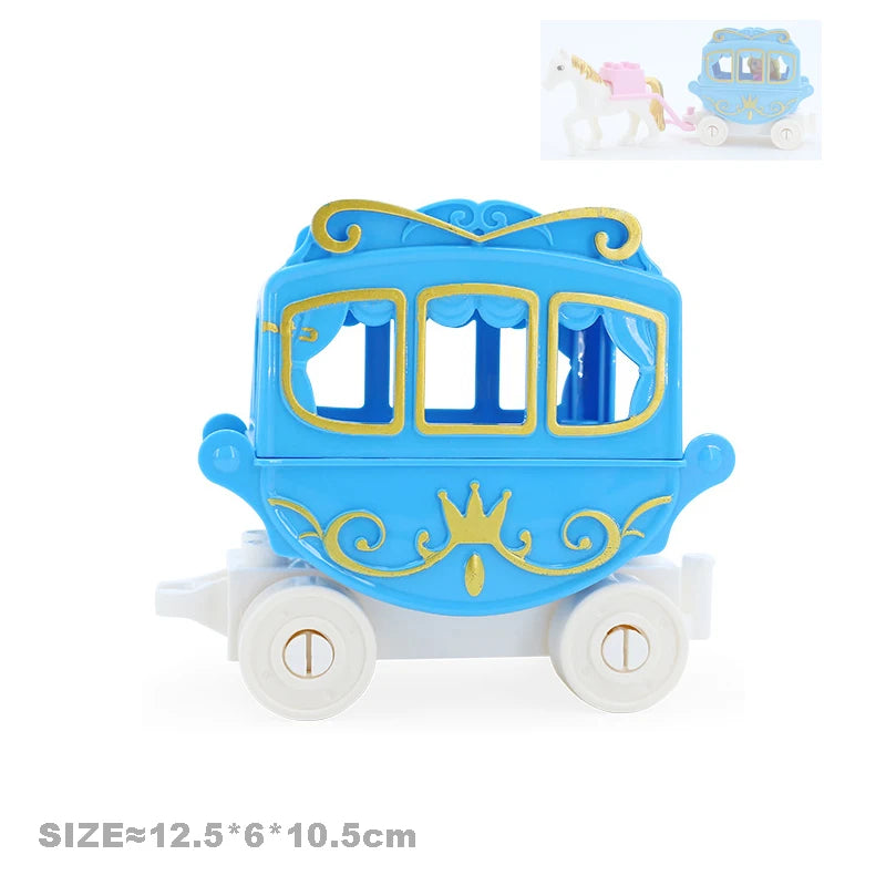 A blue city traffic building block set featuring a vehicle and a trailer on white wheels.
