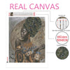 A detailed illustration of an African woman portrait for a diamond painting kit, showing color lists and canvas details.
