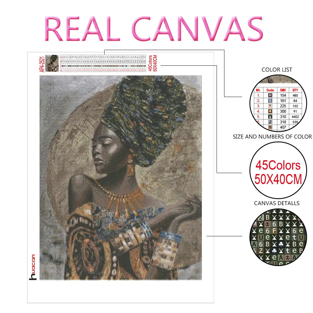A detailed illustration of an African woman portrait for a diamond painting kit, showing color lists and canvas details.
