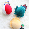 A collection of soft anime plush pendant dolls featuring characters like All Might and Deku.