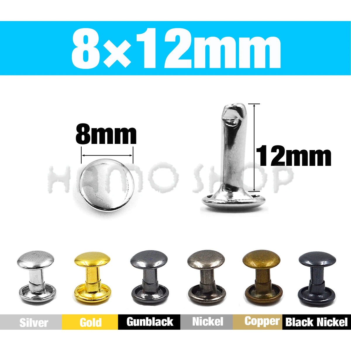 Set of 100 metal double cap rivets in various finishes including silver, gold, gunblack, nickel, copper, and black nickel.