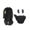 Black stroller accessory kit including a mosquito net, rain cover, and other items.