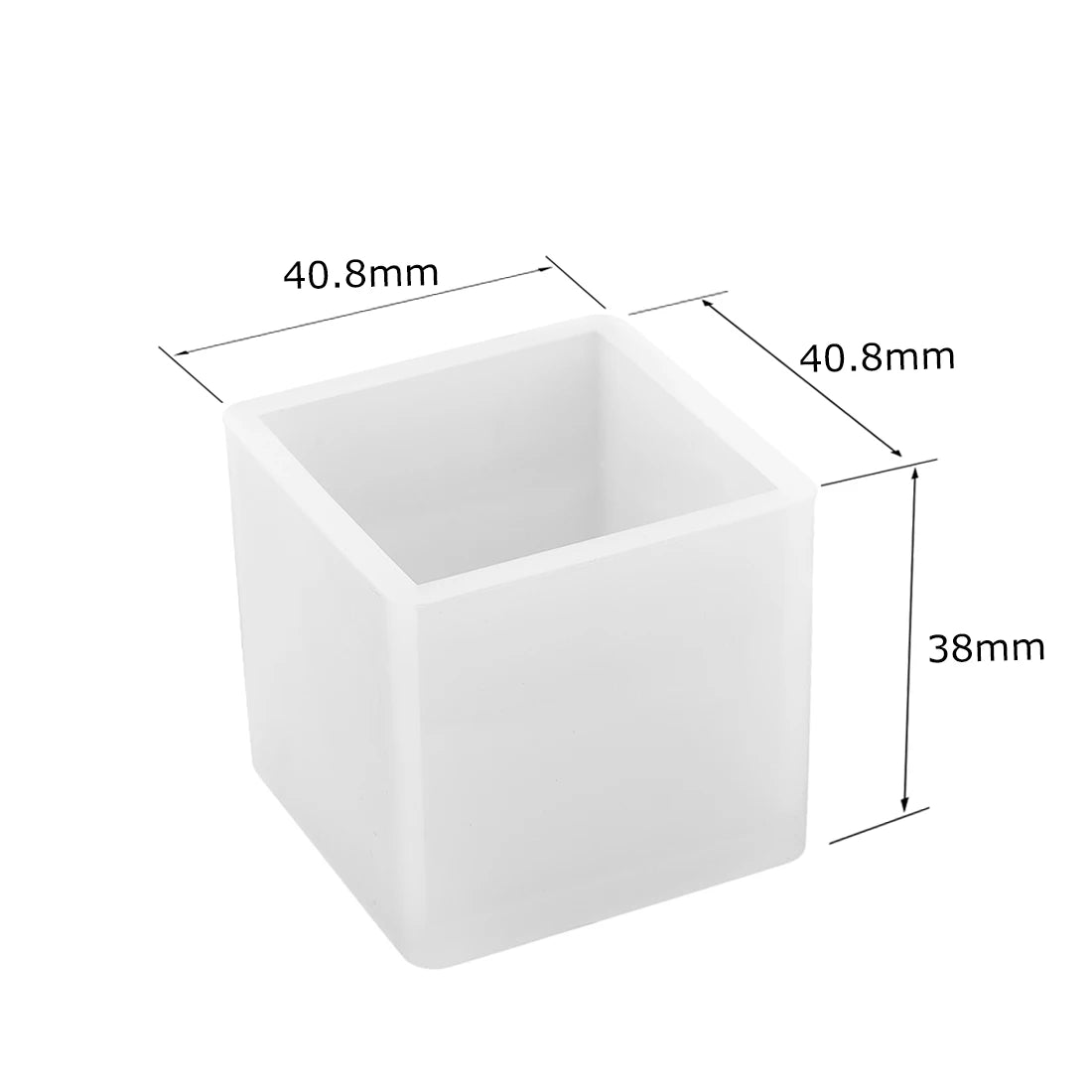 White geometric resin casting mold with dimensions 40.8mm by 40.8mm by 38mm