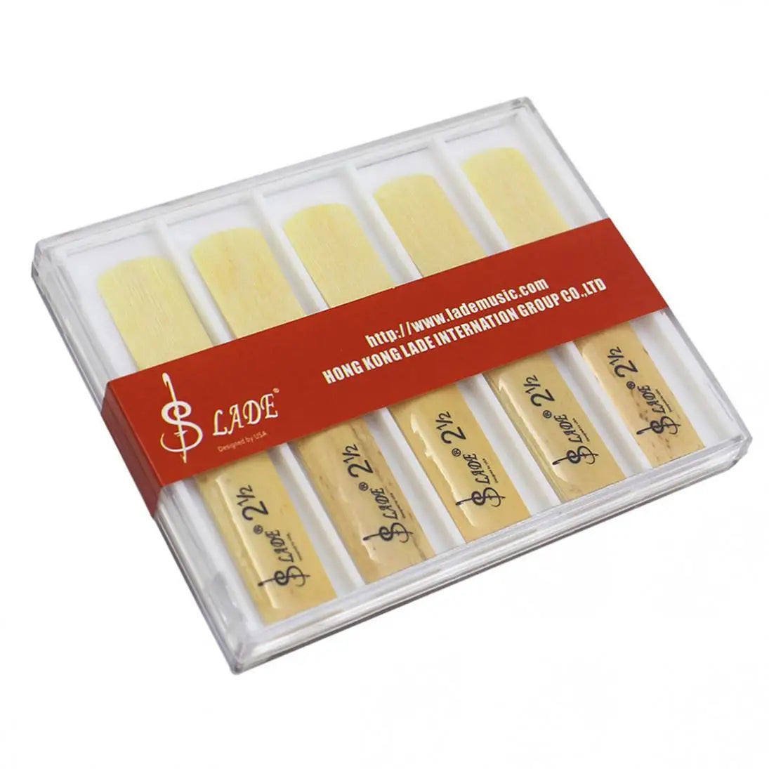 A clear plastic box containing ten yellow professional clarinet reeds for sale.