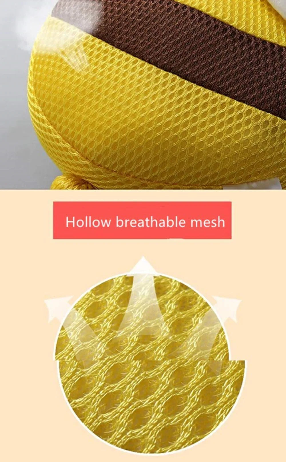 Gros plan d'un tissu en filet jaune et marron utilisé pour un sac à dos avec protection de tête réglable.