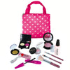 A pink wooden pretend play makeup set with a handbag and various cosmetic tools for children.