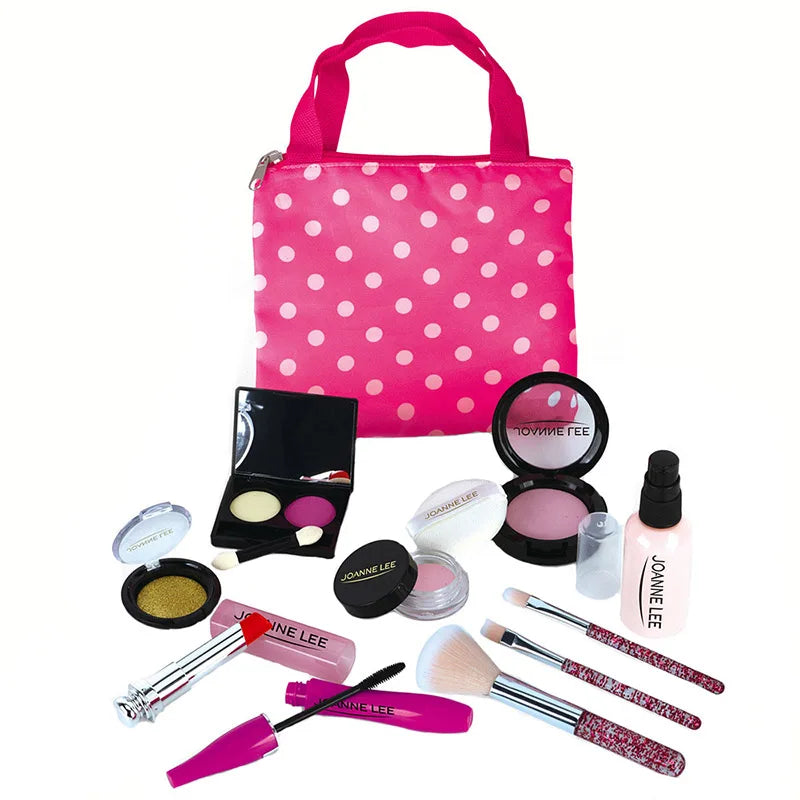 A pink wooden pretend play makeup set with a handbag and various cosmetic tools for children.