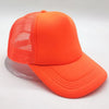 An orange trucker hat with a mesh front and a curved brim is shown against a white background.