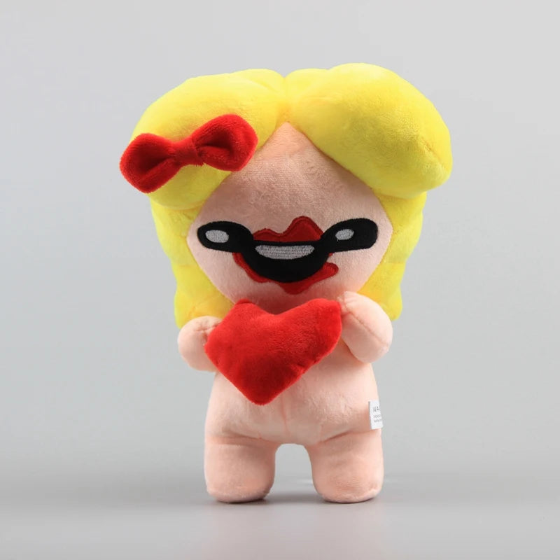 A yellow plush toy with a red bow and facial markings, holding a red heart.