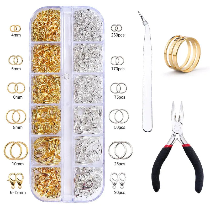 A clear plastic kit containing various gold-toned wire jewelry findings and pliers for making jewelry.