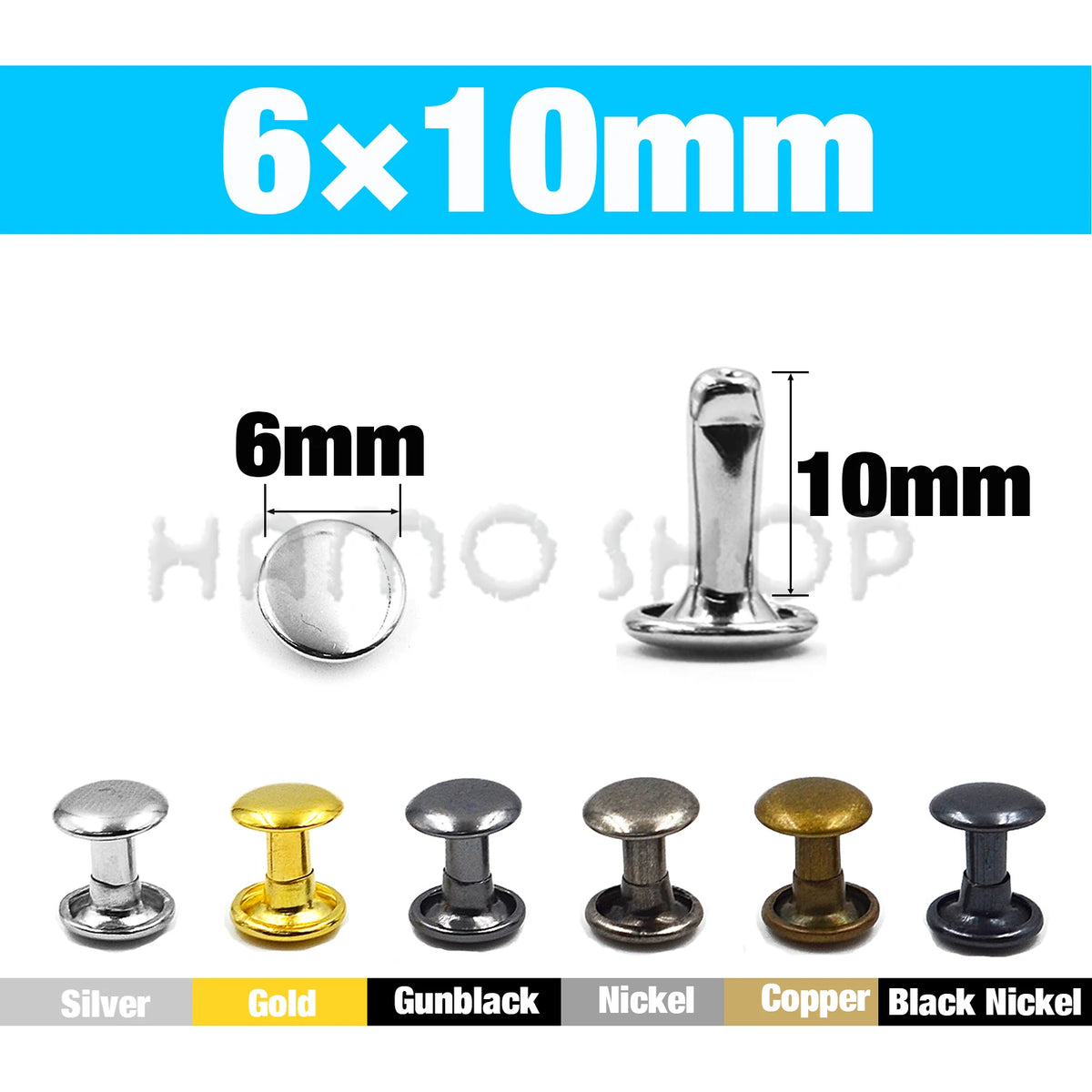 Set of 6x10mm metal double cap rivets in various finishes including silver, gold, gunblack, nickel, copper, and black nickel.