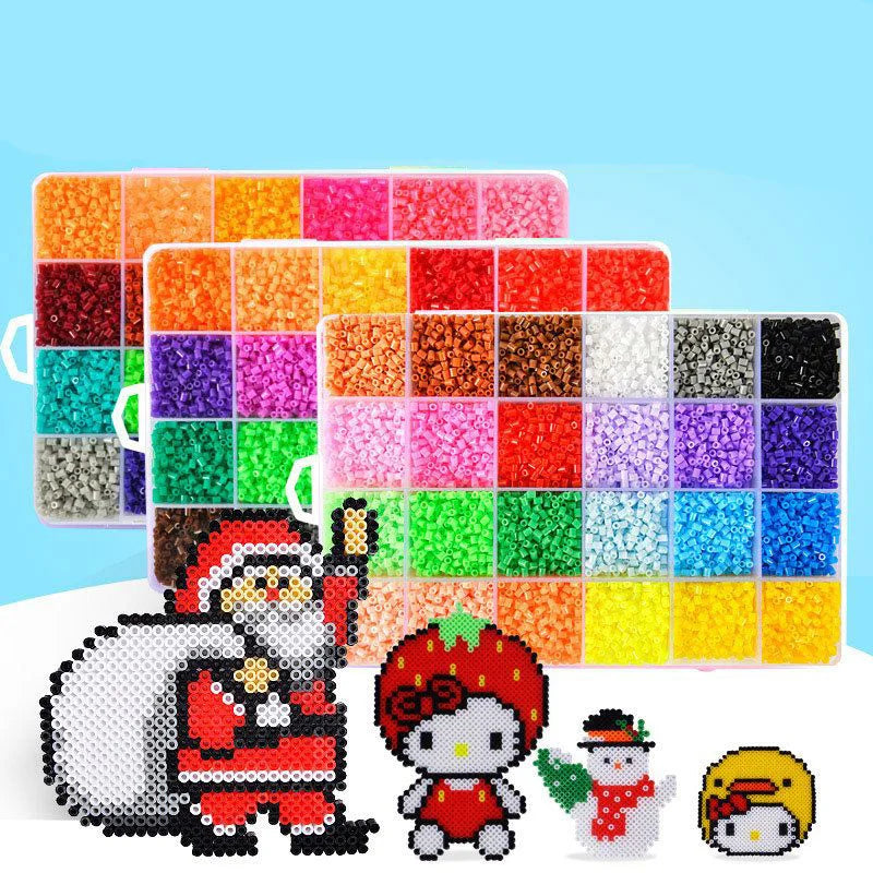 A colorful box of fuse beads for crafting and puzzles, alongside a decorative figure.