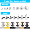 A display of metal double cap rivets shown in various diameters and heights, including silver, gold, gunblack, nickel, copper