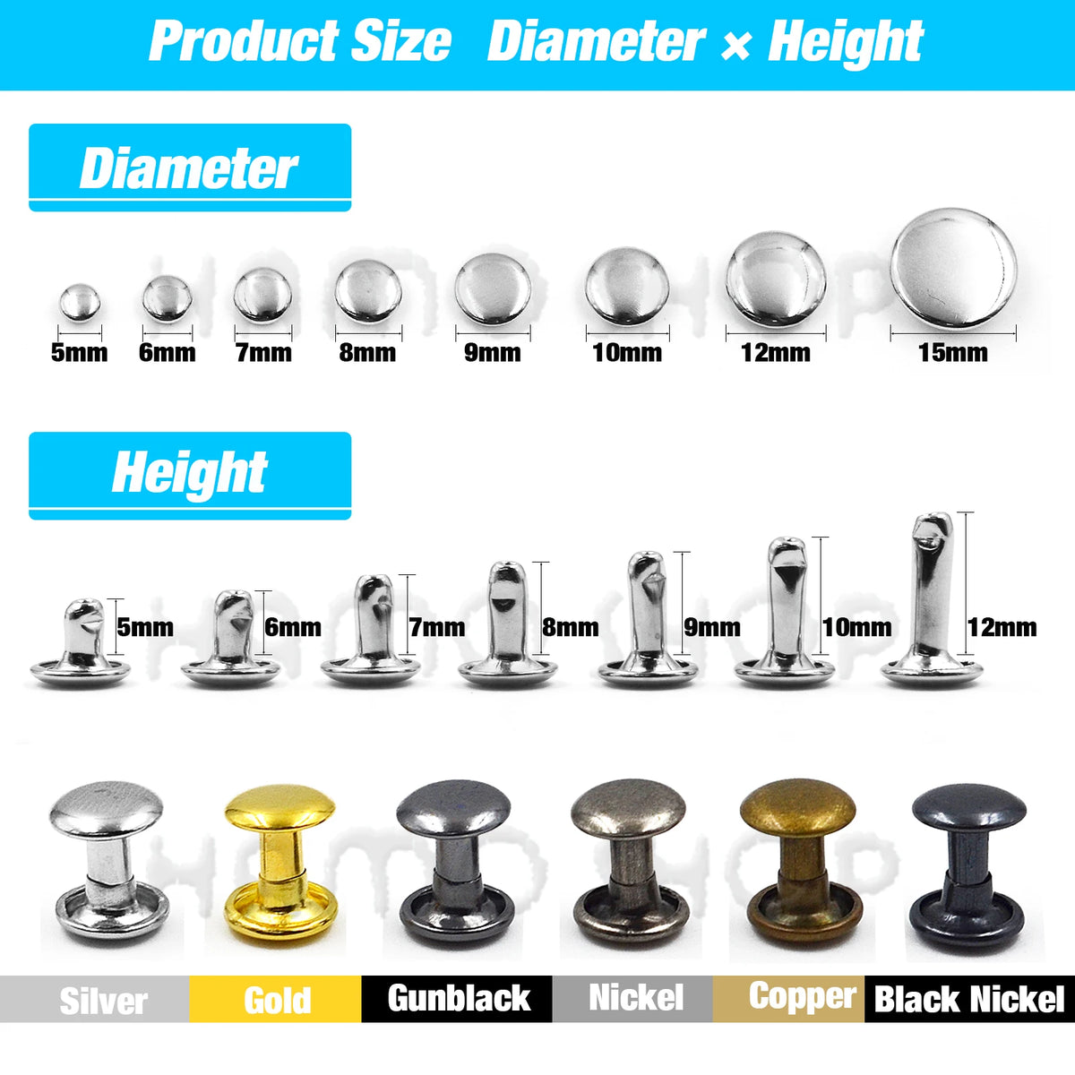 A display of metal double cap rivets shown in various diameters and heights, including silver, gold, gunblack, nickel, copper