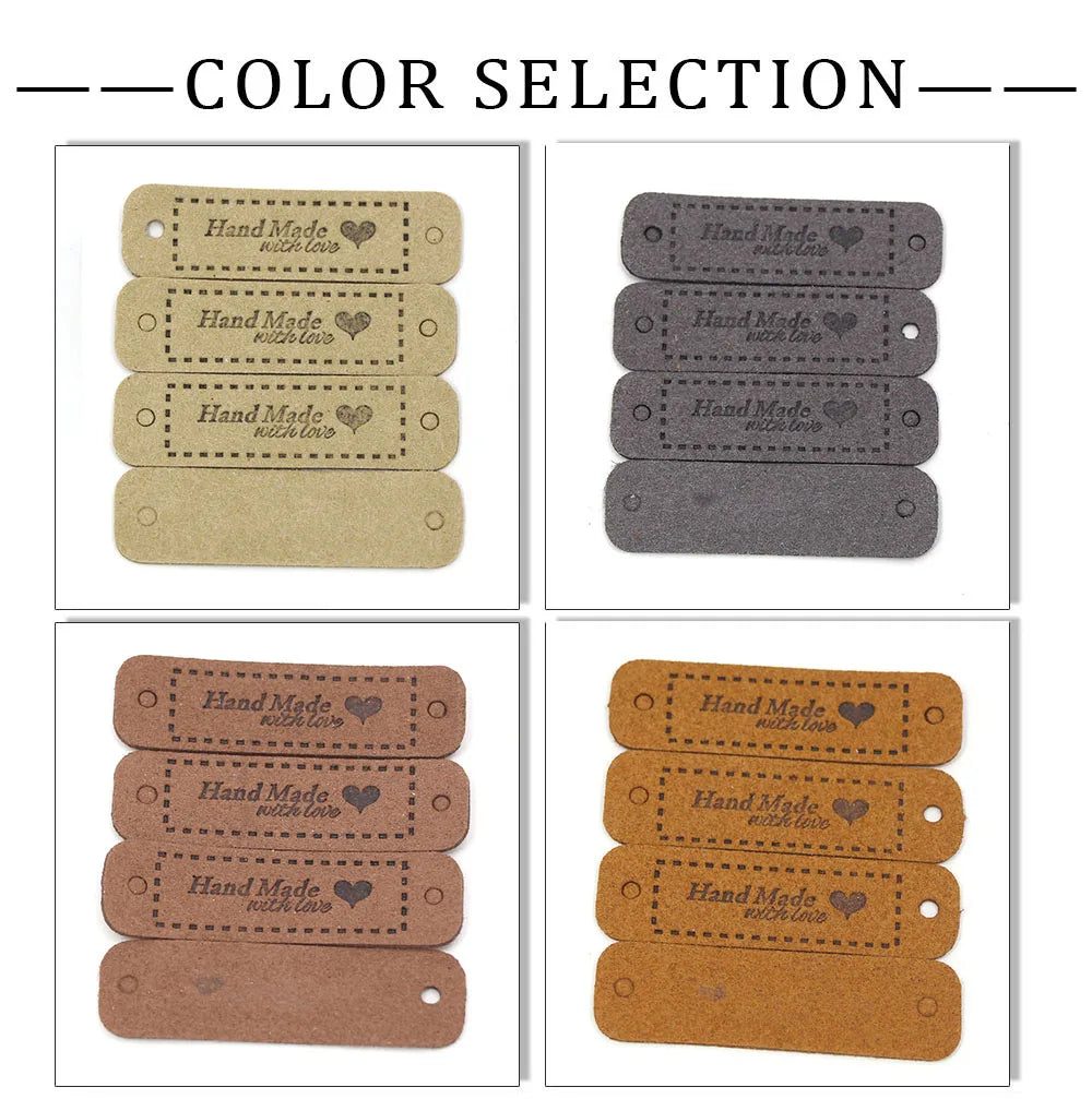 A collection of leather-style handmade with love tags in four different colors: tan, gray, brown, and orange.