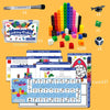 A collection of colorful linking cubes, number cards, and building blocks for educational play.