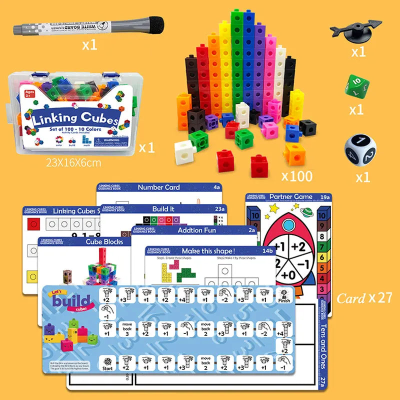 A collection of colorful linking cubes, number cards, and building blocks for educational play.