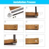 Six steps showing the installation process of metal double cap rivets on leather.