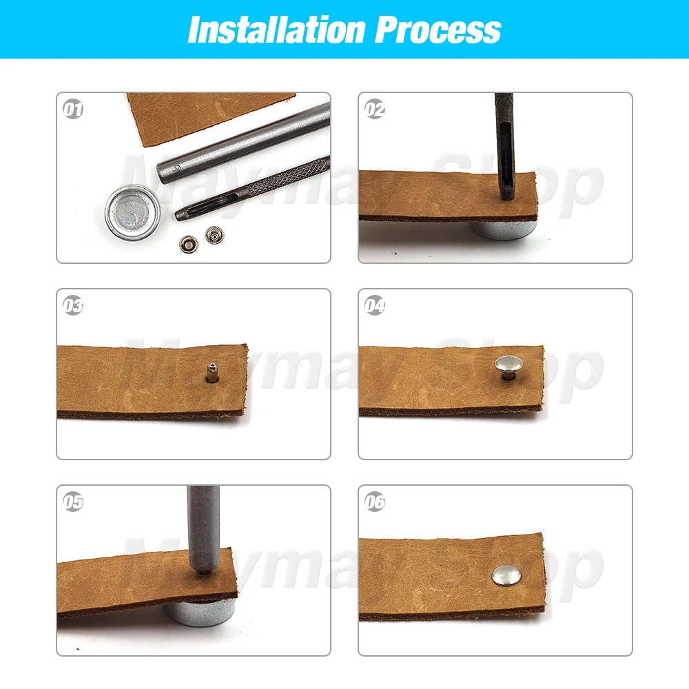 Six steps showing the installation process of metal double cap rivets on leather.
