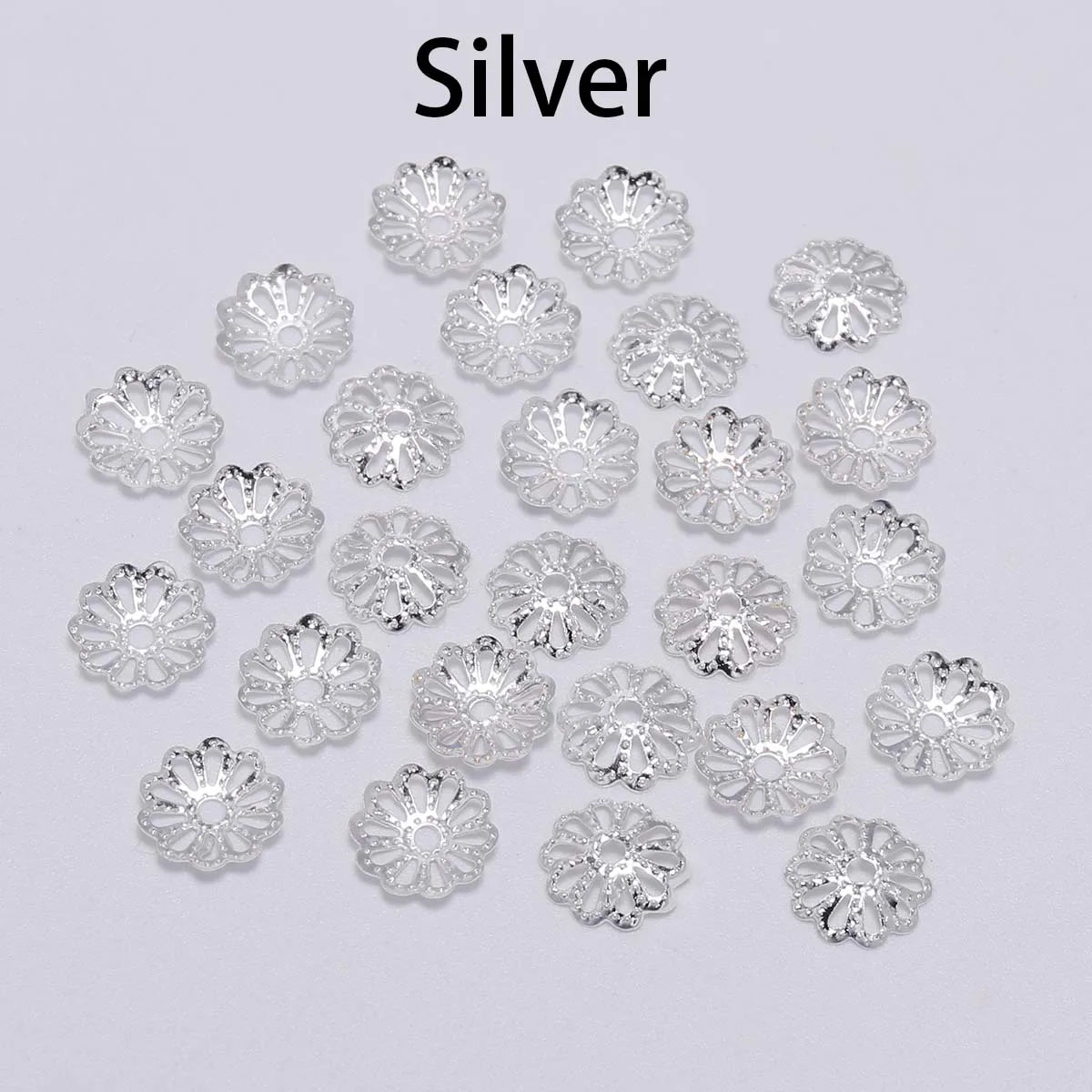 Silver flower petal bead caps for jewelry making in various sizes