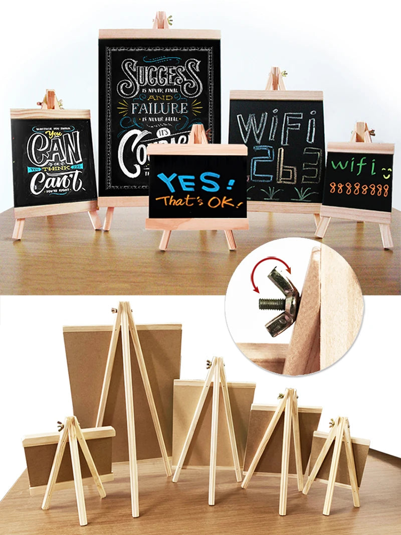 A collection of mini wooden chalkboard easels displaying various messages like Success and WiFi 23.