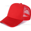 A red trucker hat with a mesh back and a curved brim.