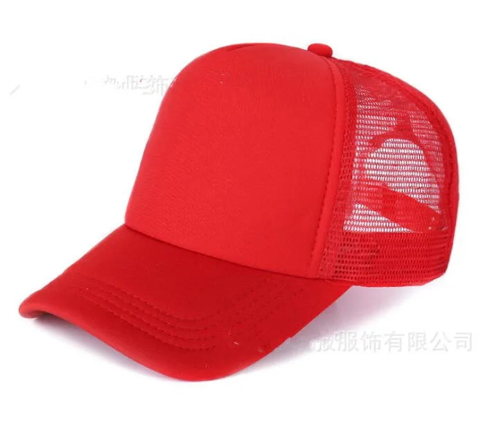 A red trucker hat with a mesh back and a curved brim.
