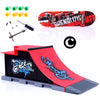 A finger skateboard park set featuring a red ramp and a black board with graphics and hardware.