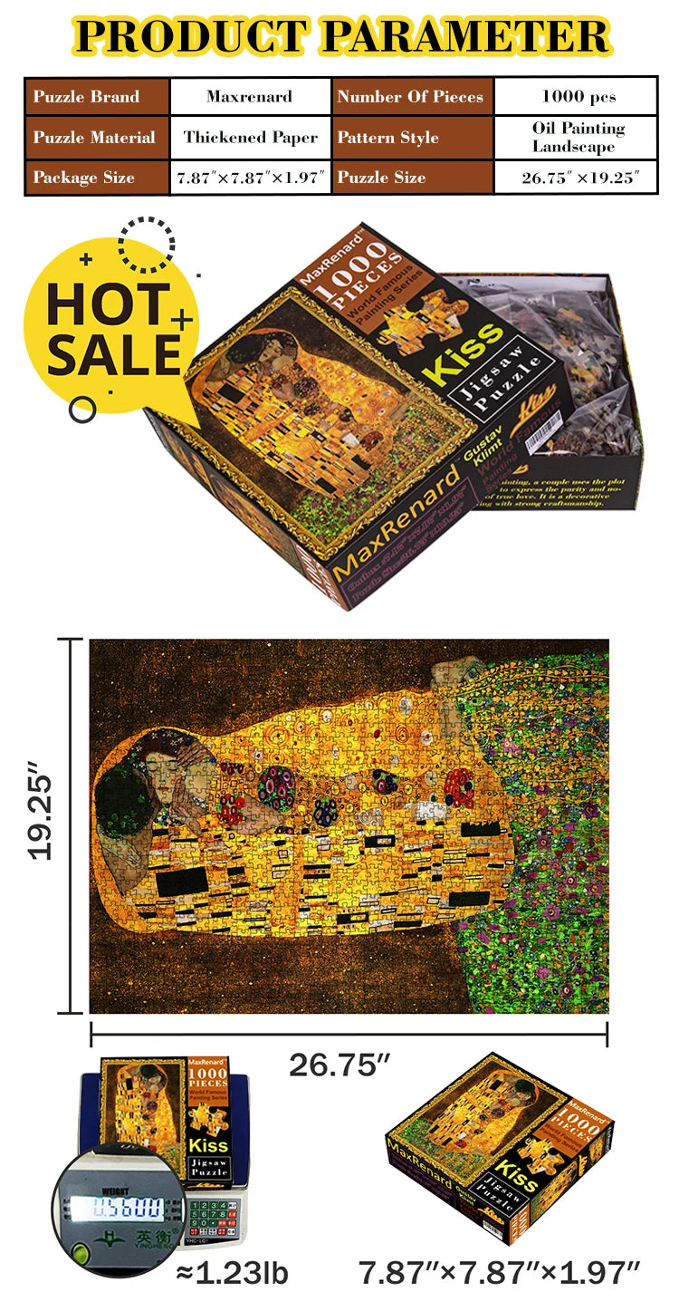 A box of a 1000-piece jigsaw puzzle featuring Van Gogh's Starry Night landscape, with dimensions and weight listed.
