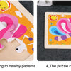 A wooden puzzle showing an animal design, with pieces assembled to form a colorful creature.
