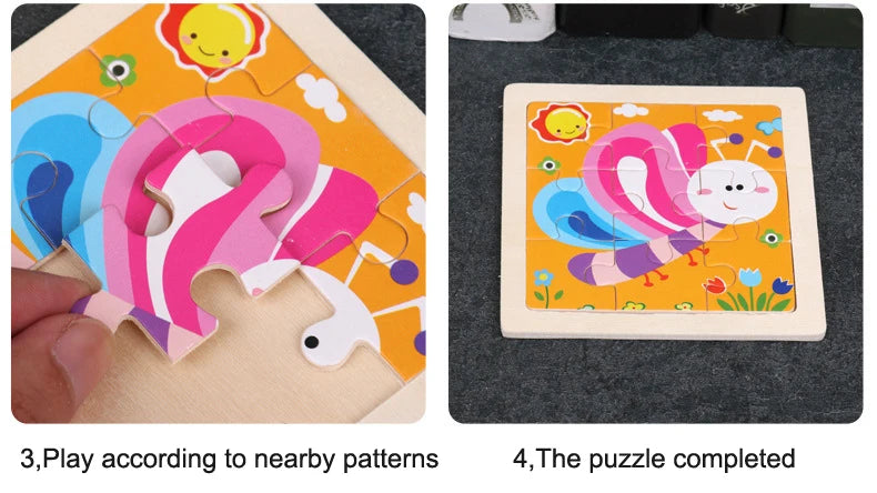 A wooden puzzle showing an animal design, with pieces assembled to form a colorful creature.