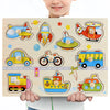 A wooden puzzle set for toddlers featuring various animals, fruits, and shapes like a rocket, car, bus, and bicycle.