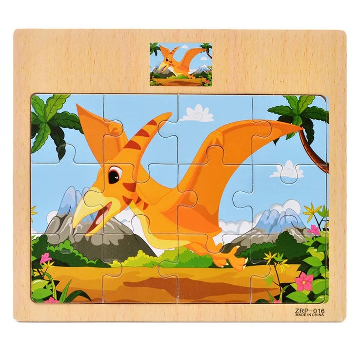 A wooden jigsaw puzzle featuring an orange dragon and a small illustration of a dragon.