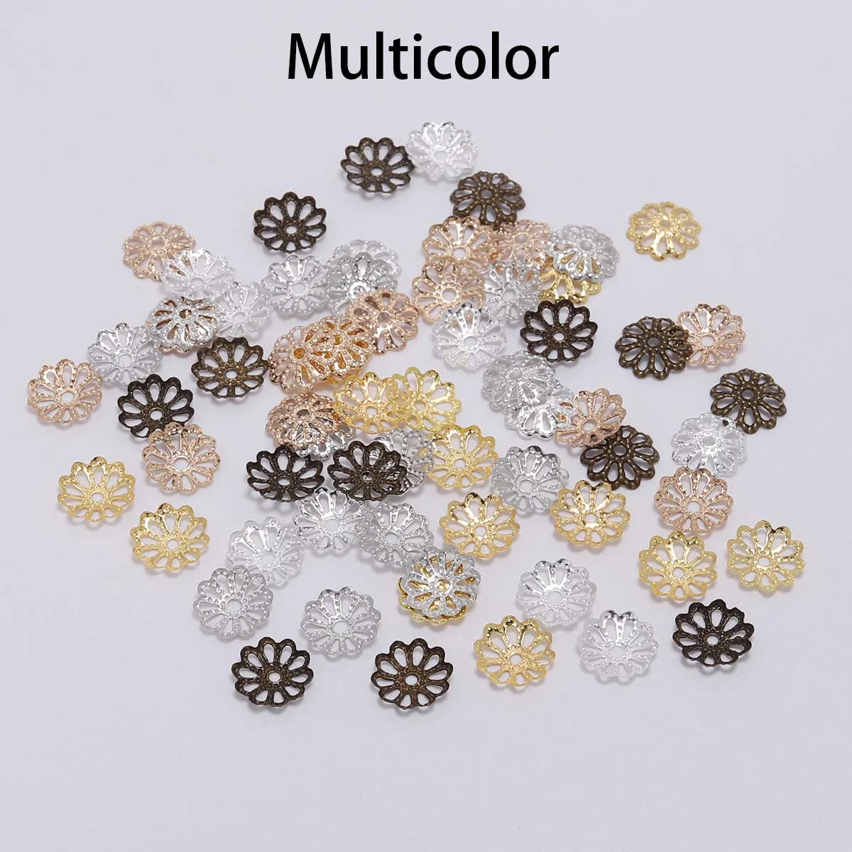 A collection of multicolor gold-plated flower petal bead caps for jewelry making in various shades.