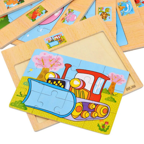 A wooden kids learning puzzle featuring a train and trees, with loose wooden puzzle pieces nearby.