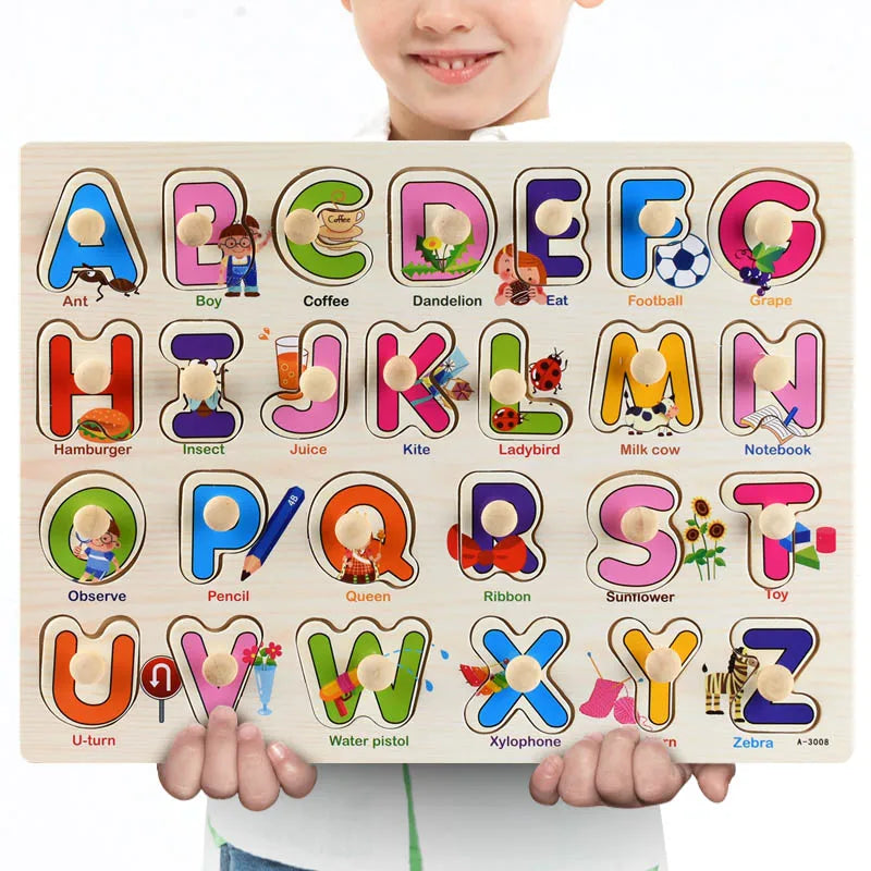 A wooden puzzle set for toddlers featuring letters and animals like Ant, Boy, Coffee, and Football.