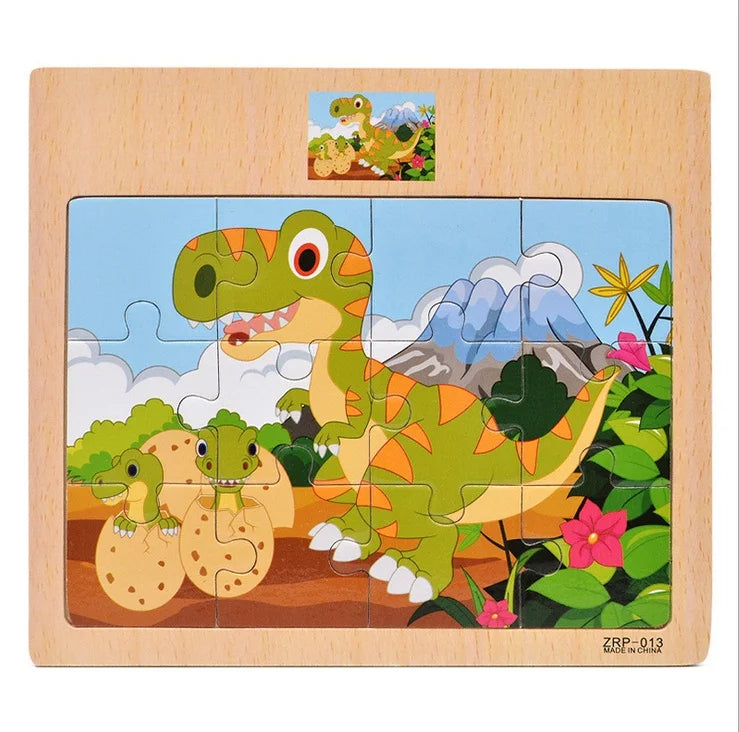 A wooden jigsaw puzzle featuring a green dinosaur and yellow plants on a light blue background.