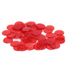 A pile of red plastic bingo chips for games and classrooms