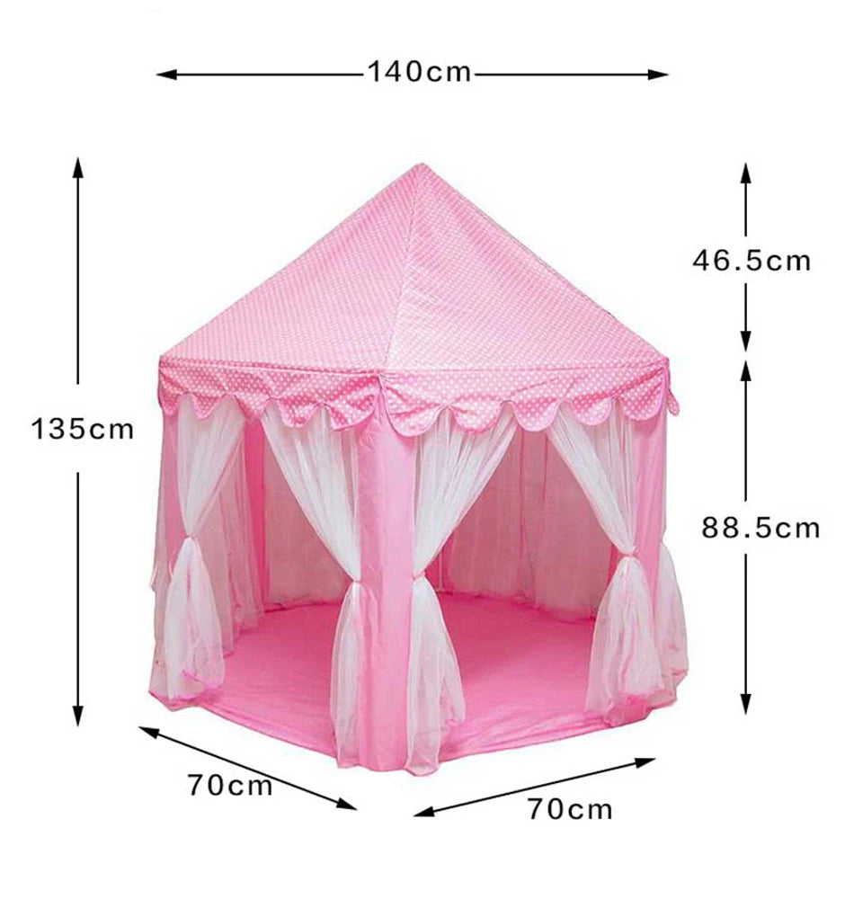 Pink foldable kids castle play tent with draped fabric and light accents