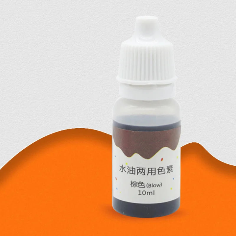 A small white bottle containing dark brown liquid soap colorant dye labeled 10ml