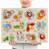 A wooden puzzle set featuring various animals, fruits, and shapes for toddlers.