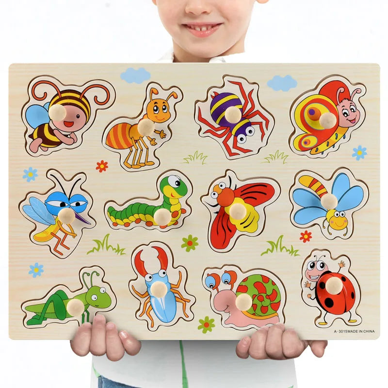 A wooden puzzle set featuring various animals, fruits, and shapes for toddlers.