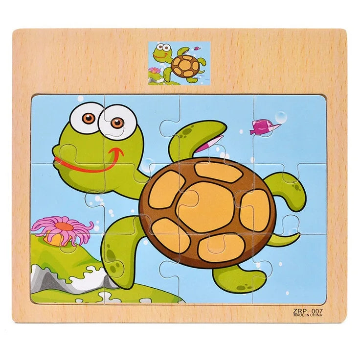 A wooden jigsaw puzzle featuring a green turtle and a small lizard on a light blue background.