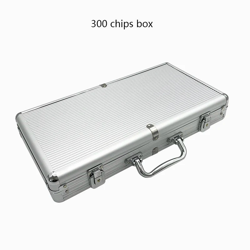 A silver aluminum chip box with a handle and lock, designed for carrying poker chips.