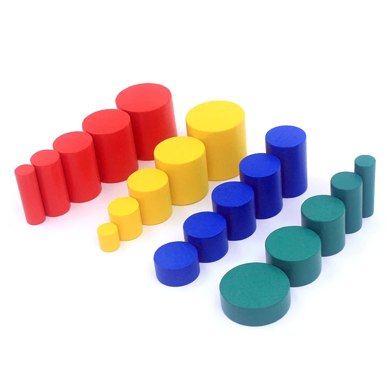A collection of colorful wooden cylinder blocks in red, yellow, blue, and green stacked diagonally.