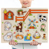 A wooden puzzle set for toddlers featuring various animals, fruits, and shapes.