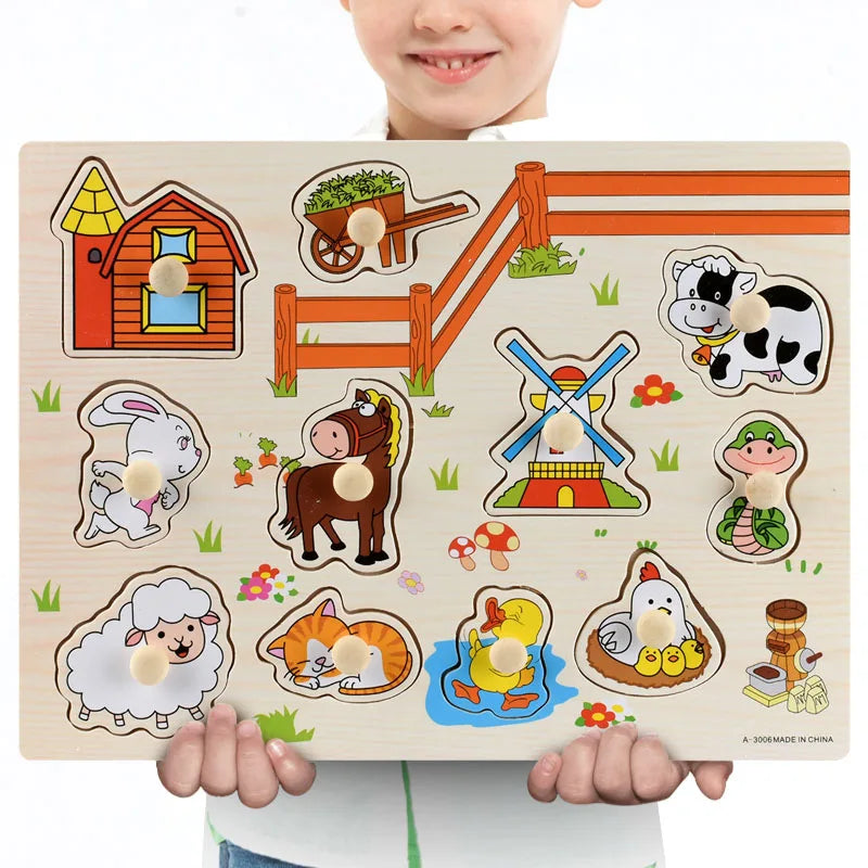 A wooden puzzle set for toddlers featuring various animals, fruits, and shapes.
