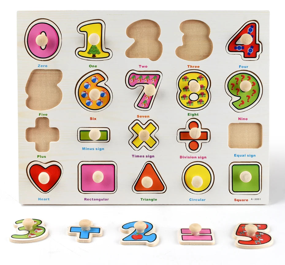 A wooden puzzle set featuring numbered shapes and symbols for toddlers, including numbers, fruits, and geometric figures.