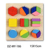 A wooden puzzle set featuring various geometric shapes, fruits, and animals in colorful pieces.